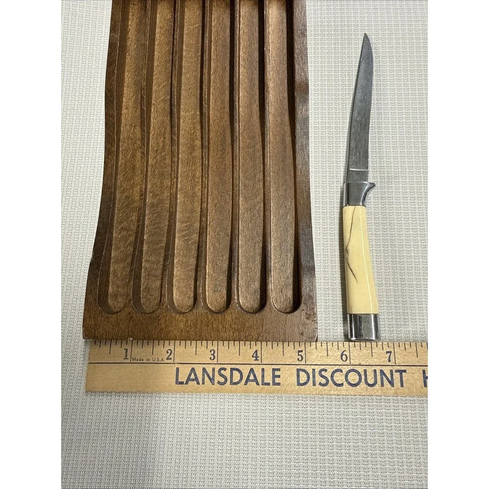 Set of 4 Vintage Briddell Steak Knifes Cream Handle MCM Kitchen w/ knife caddy